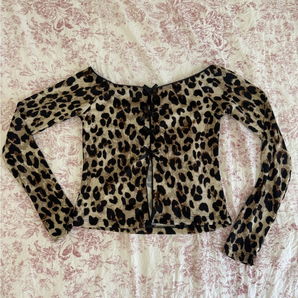 Leopard Print Long Sleeve Crop Top - Brown/Black